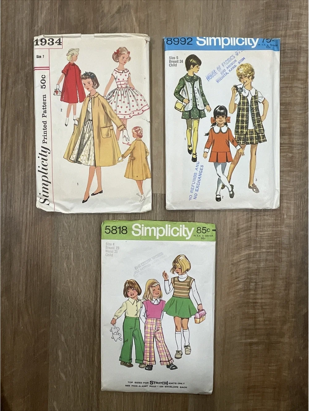 VTG Simplicity Sewing Pattern Girls' Lot Of 3: 5818, 8992, 1934;  Sizes 4, 5 & 7